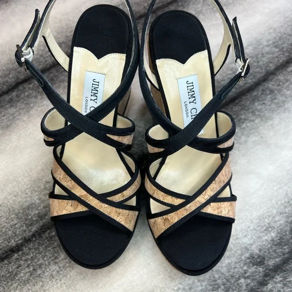 Jimmy Choo Alissa 120 Natural Black Cork Grossgrain Wedges - Picture 3 of 10